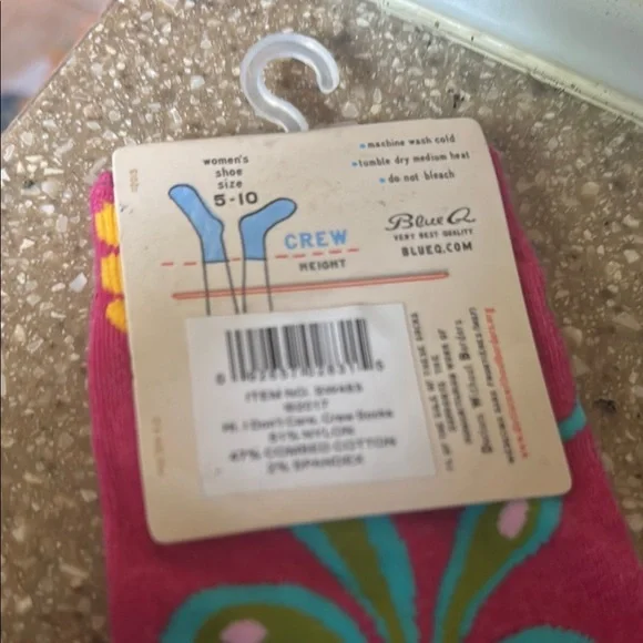Blue Q Pink Crew Socks with Colorful Text and Floral Design - Picture 4 of 6